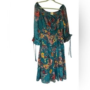 Fig and Flower Teal Floral Long Sleeve Dress Size M